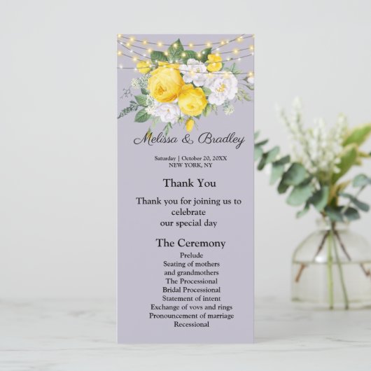 Rustige lichten Geel Floral Menu.Wedding Program Programma (Staand voorkant)