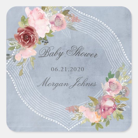 rustige lijst florale baby shower monogram vierkante sticker (Voorkant)