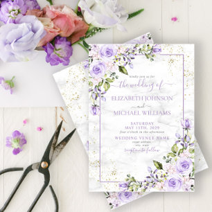 Rustige Lila lavender Gold Marble Floral Wedding Kaart