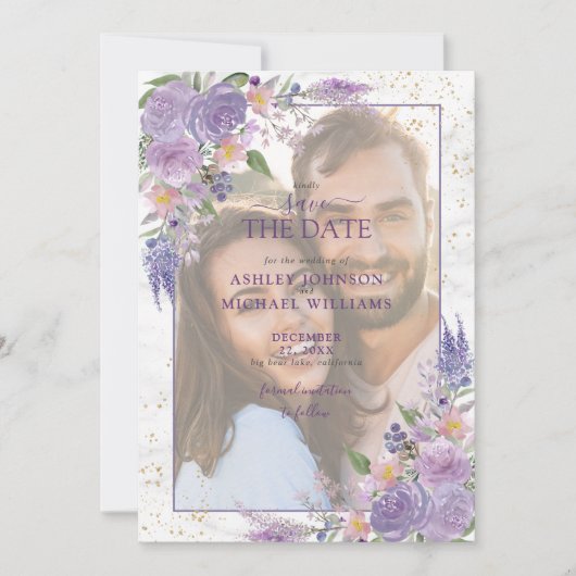Rustige Lila Lavender Gold Photo Save the Date (Voorkant)