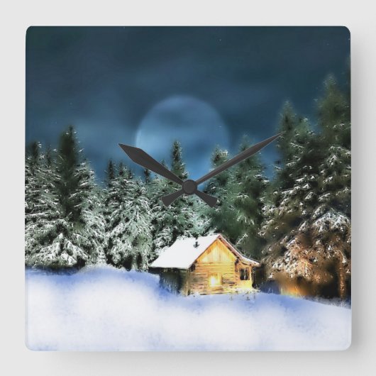 Rustige Log Cabin Full Moon Vierkante Klok (Voorkant)