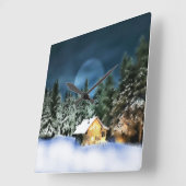 Rustige Log Cabin Full Moon Vierkante Klok (Hoek)