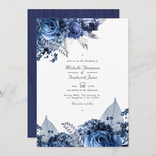 Rustige marine & White met Silver QR Code Weddensc Kaart (Voorkant / Achterkant)
