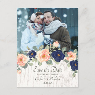 Rustige marineblauw en peach Floral Wedding Kaart