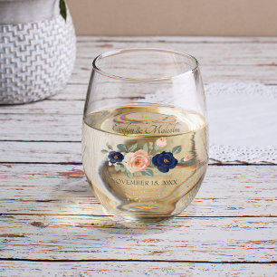 Rustige marineblauw en peach Floral Wedding Wijnglas Zonder Voet