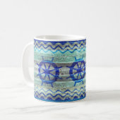 Rustige marineblauw kustdek scheepswielen koffiemok (Voorkant links)