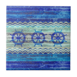 Rustige marineblauw kustdek scheepswielen tegeltje