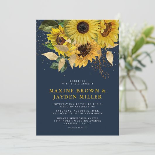 Rustige marineblauw - zonnebloem en goudbruin Conf Kaart (Staand voorkant)