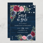 Rustige marineboot Blue Burgundy Blush Floral Wedd Save The Date (Voorkant / Achterkant)