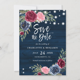 Rustige marineboot Blue Burgundy Blush Floral Wedd Save The Date