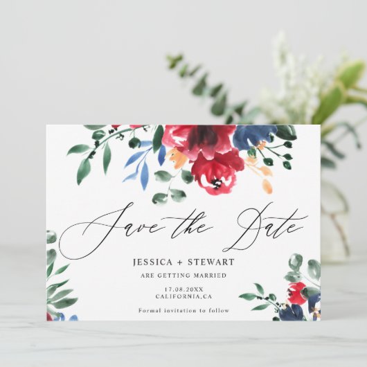 Rustige marinevlooienbruiloft met boeroendi, met u save the date (Staand voorkant)