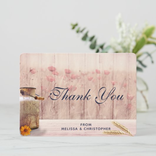 Rustige melk kan met woeste en bloemen bedankkaart (Staand voorkant)