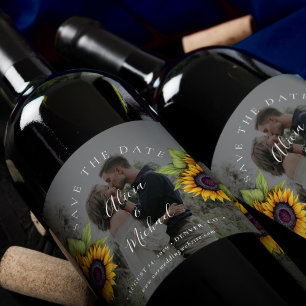 Rustige moderne zonnebloemen, met foto's, huwelijk wijn etiket