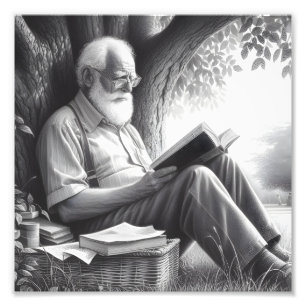 Rustige Momenten Oud Man Lezen in Natuur Wall Art Foto Afdruk