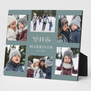 Rustige monogram 6 foto collage familienaam blauwg fotoplaat