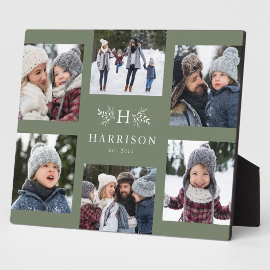 Rustige monogram 6 foto collage familienaam fotoplaat (Zijkant)