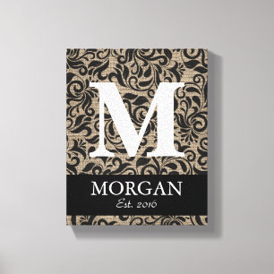 Rustige Monogram Damask Burlap Familienaam Sign Canvas Afdruk