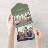 Rustige monogram groene feestdag 5 fotocollage all in one uitnodiging (Afscheurbaar)