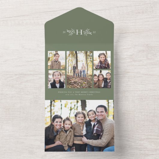 Rustige monogram groene feestdag 5 fotocollage all in one uitnodiging (Binnen)