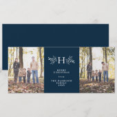 Rustige monogram navyblauwe kerstkaart met twee fo (Voorkant / Achterkant)