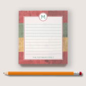 Rustige Monogram Red Green Gold Wood Naam Kerstmis Notitieblok