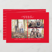 Rustige monogram rode drie kerstfoto feestdagenkaart (Voorkant / Achterkant)
