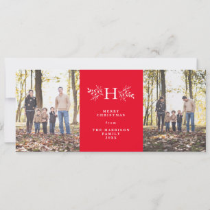 Rustige monogram rode kerstkaart met twee foto's
