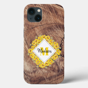Rustige monogram zonnebloemen & houtextuur iPhone 13 hoesje