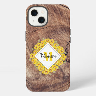 Rustige monogram zonnebloemen & houtextuur iPhone 13 hoesje