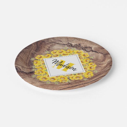 Rustige monogram zonnebloemen & houtextuur papieren bordje (Gekanteld)
