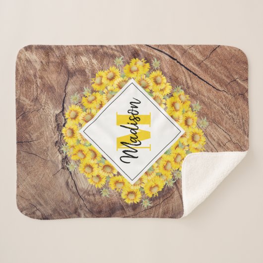 Rustige monogram zonnebloemen & houtextuur sherpa deken (Voorkant (horizontaal))