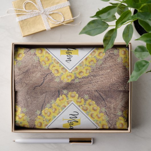 Rustige monogram zonnebloemen & houtextuur tissuepapier (Geschenk)