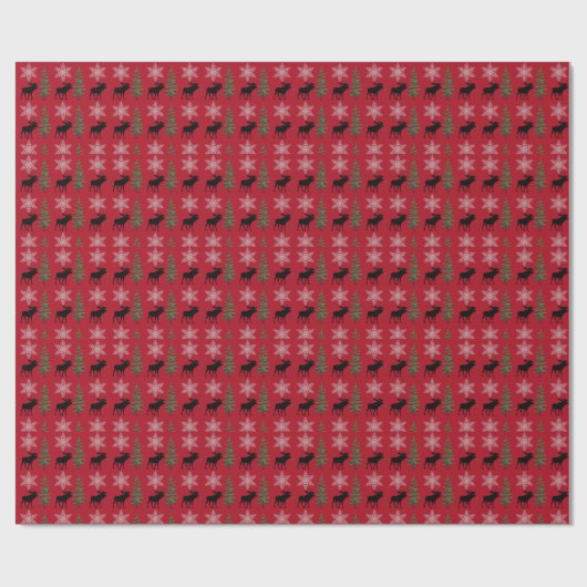 Rustige Moose Snowflake Pine Tree Red Cadeaupapier (Vlak)