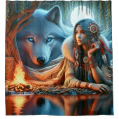 Rustige nacht bij de rivier: Native en wolf Douchegordijn (Voorkant)