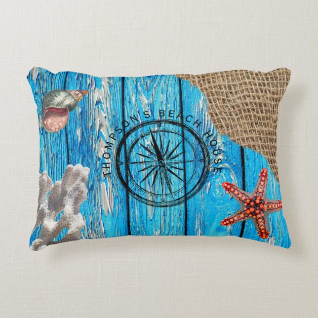 Rustige Nautical Blue Wood Burlap Starfish Accent Kussen (Voorkant)