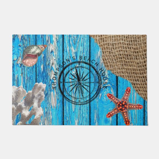 Rustige Nautical Blue Wood Burlap Starfish Deurmat (Voorkant)
