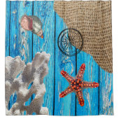 Rustige Nautical Blue Wood Burlap Starfish Douchegordijn (Voorkant)