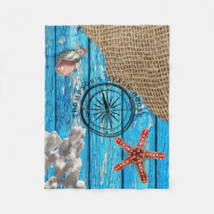 Rustige Nautical Blue Wood Burlap Starfish Fleece Deken