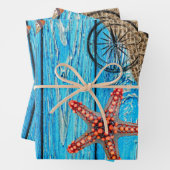 Rustige Nautical Blue Wood Burlap Starfish Inpakpapier Vel (In situ)