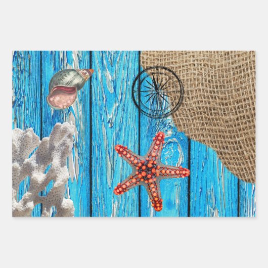 Rustige Nautical Blue Wood Burlap Starfish Inpakpapier Vel (Voorkant)