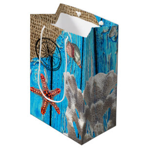 Rustige Nautical Blue Wood Burlap Starfish Medium Cadeauzakje