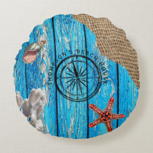 Rustige Nautical Blue Wood Burlap Starfish Rond Kussen