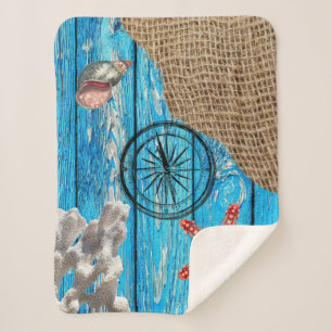 Rustige Nautical Blue Wood Burlap Starfish Sherpa Deken