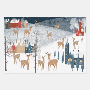 Rustige Nordic Winter Reindeer Mountain Village Inpakpapier Vel