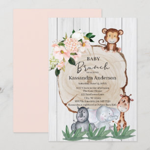 Rustige Oerwoud dieren Blush Floral Baby Brunch Kaart