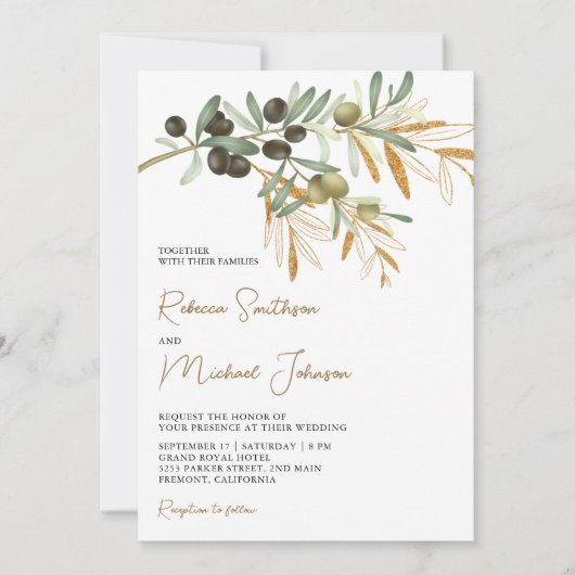 Rustige olijfbladeren in één QR-code bruiloft Kaart (Voorkant)