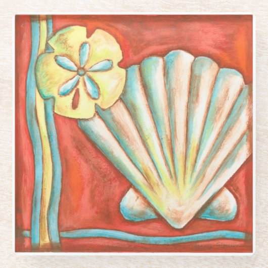 Rustige Oranje zeeschelpen Glazen Onderzetter (Voorkant)