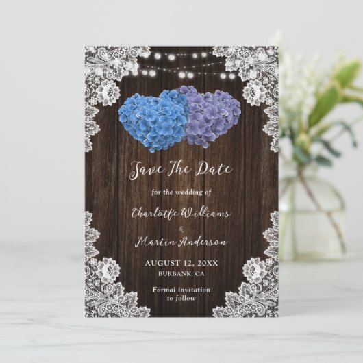 Rustige Paarse en blauwe bruiloft Save The Date (Staand voorkant)