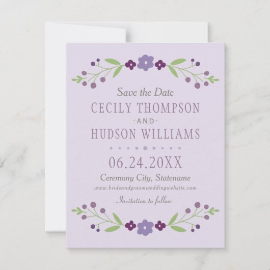 Rustige Paarse en groene Floral Wedding Save The Date (Voorkant)
