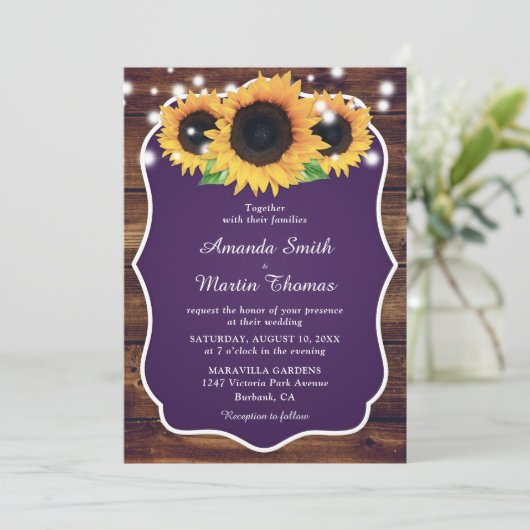 Rustige Paarse en zonnebloembruiloft Kaart (Staand voorkant)